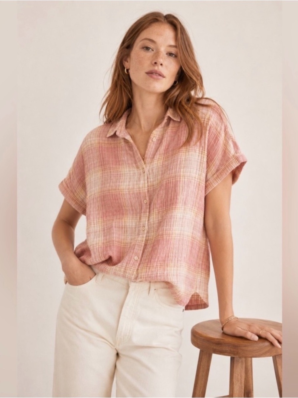 Madewell Hilltop Pink and light yellow plaid button down size small